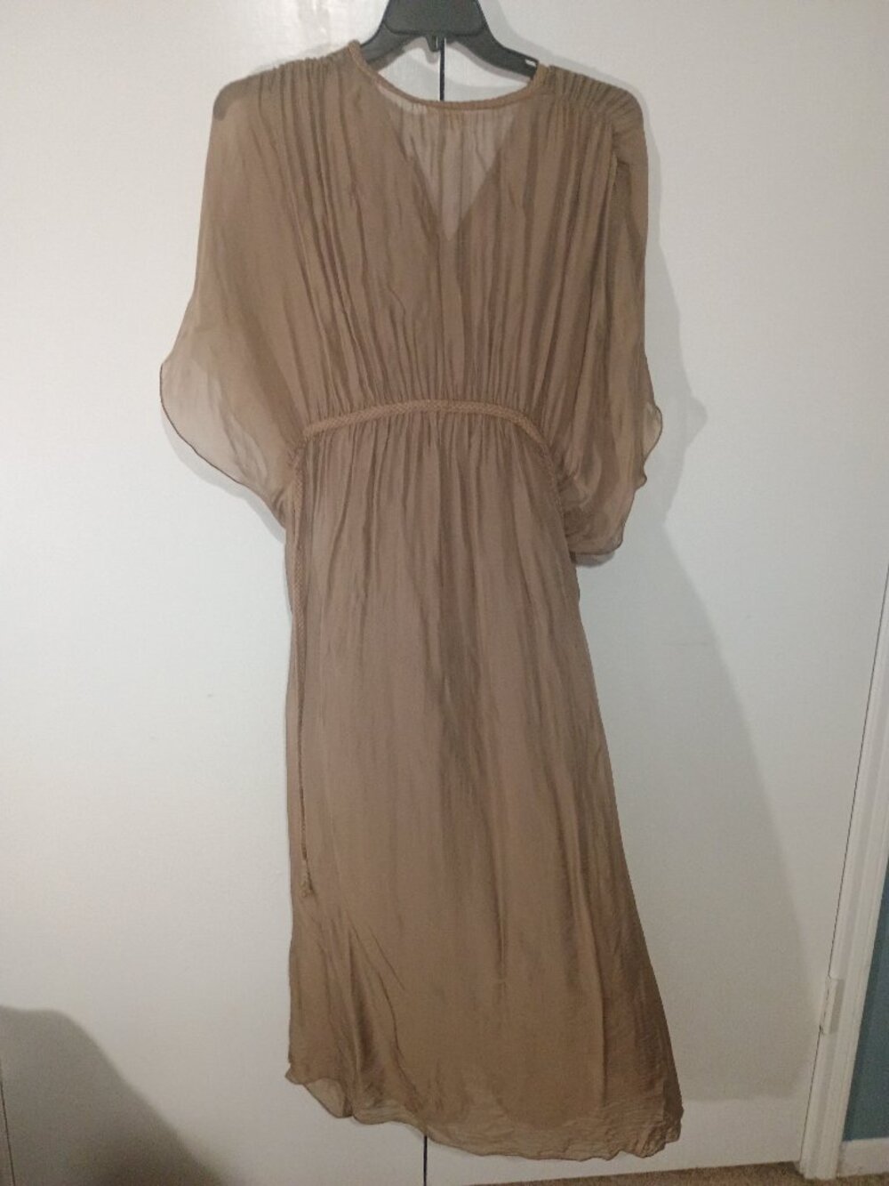 Boho Taupe Grecian Maxi Dress Braided Trim Dolman Sleeve Flowy Kaftan NWT - Picture 7 of 8
